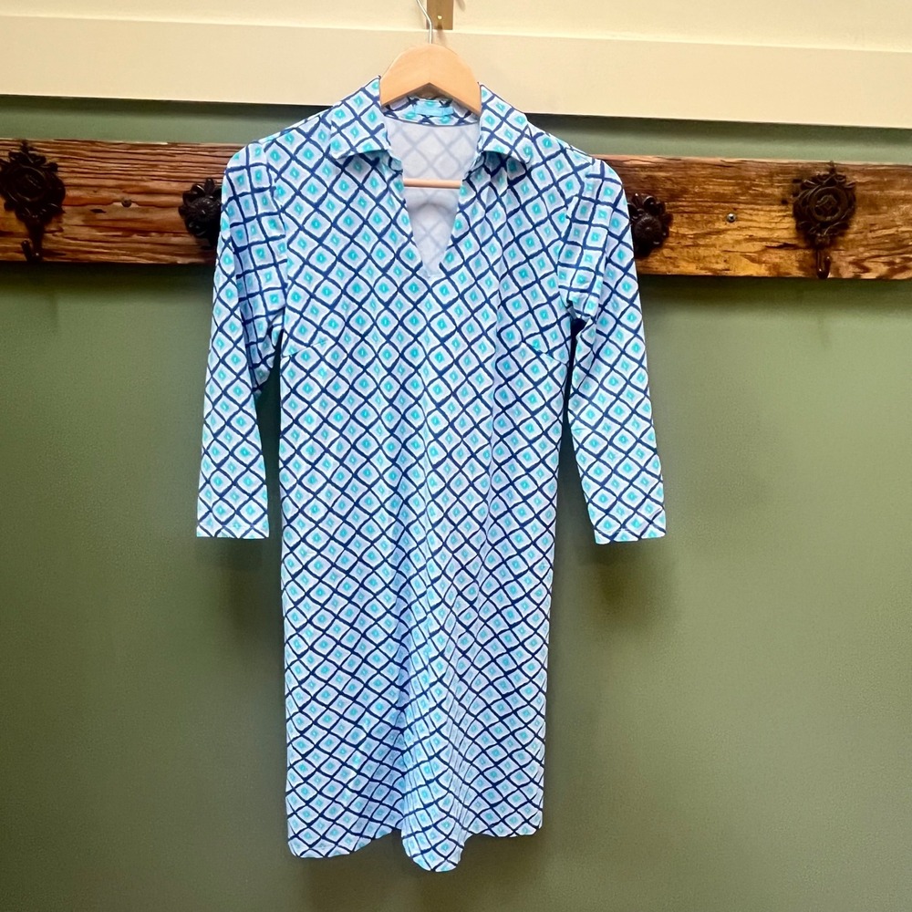 J.McLaughlin Catalina Cloth Dress Blue Turquoise Geometric Ikat V-Neck Small